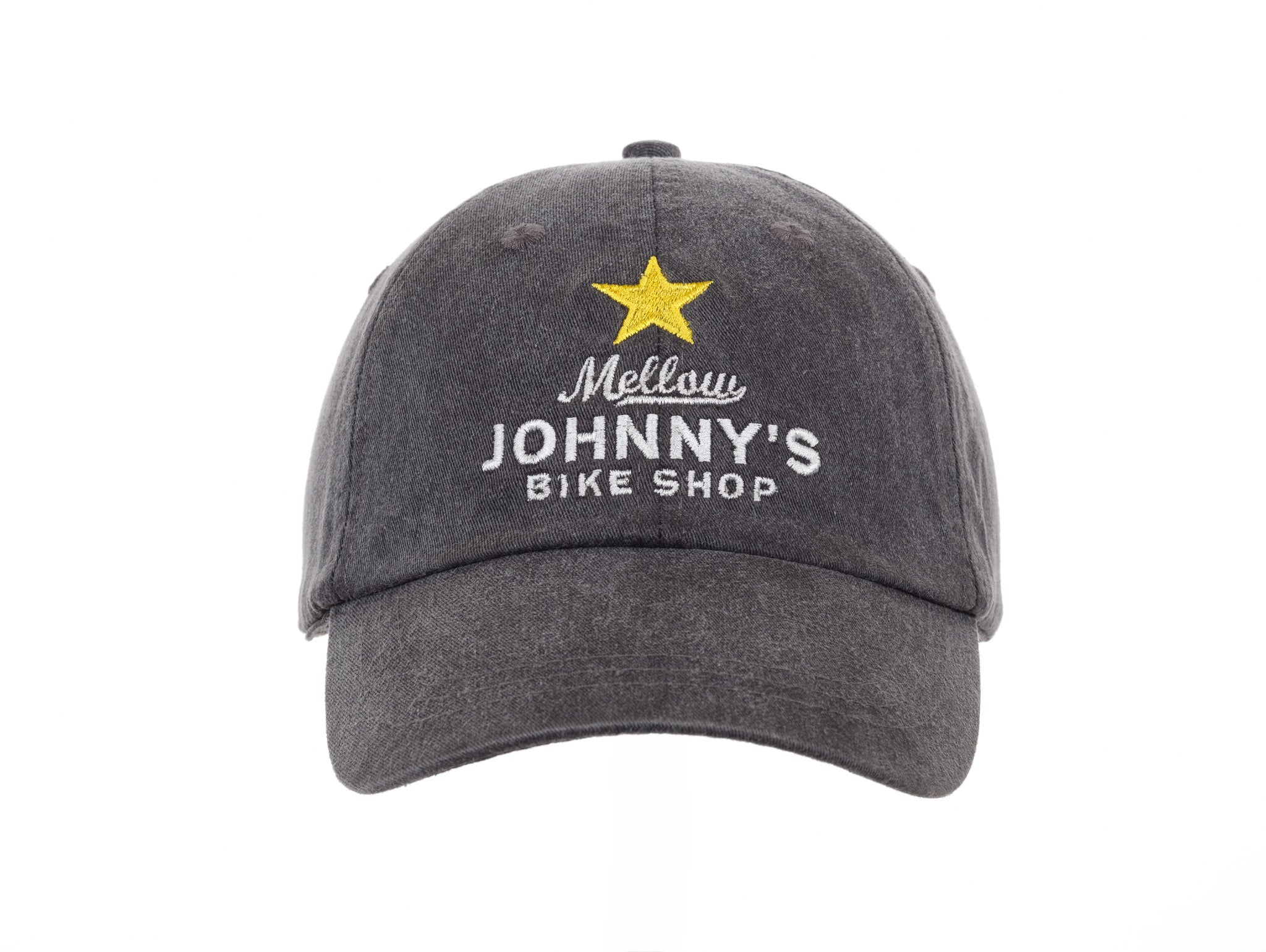 A black baseball cap with 'Mellow Johnny's Bike Shop' logo and a yellow star embroidered on the front.