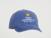 Blue cap with 'Mellow Johnny's Bike Shop' logo on a light gray background