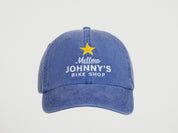 Blue cap with 'Mellow Johnny's Bike Shop' text and star on a light gray background