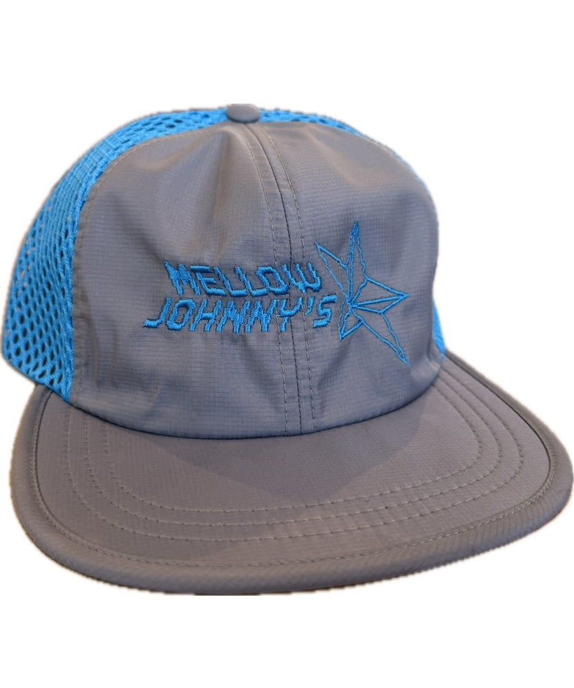 Gray cap with blue mesh and embroidered text on a white background