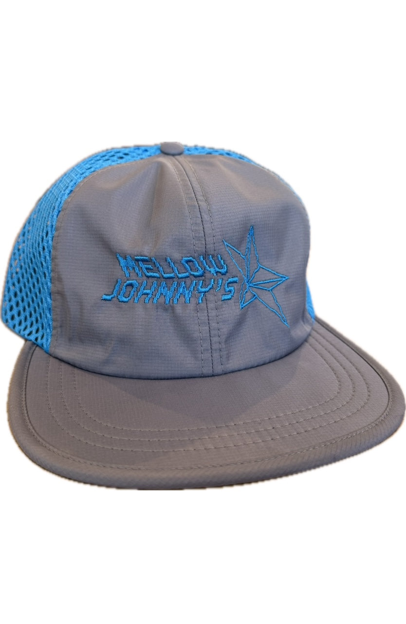 Gray cap with blue mesh and embroidered text on a white background