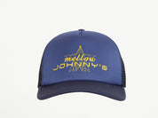 Blue cap with yellow text and logo on a white background