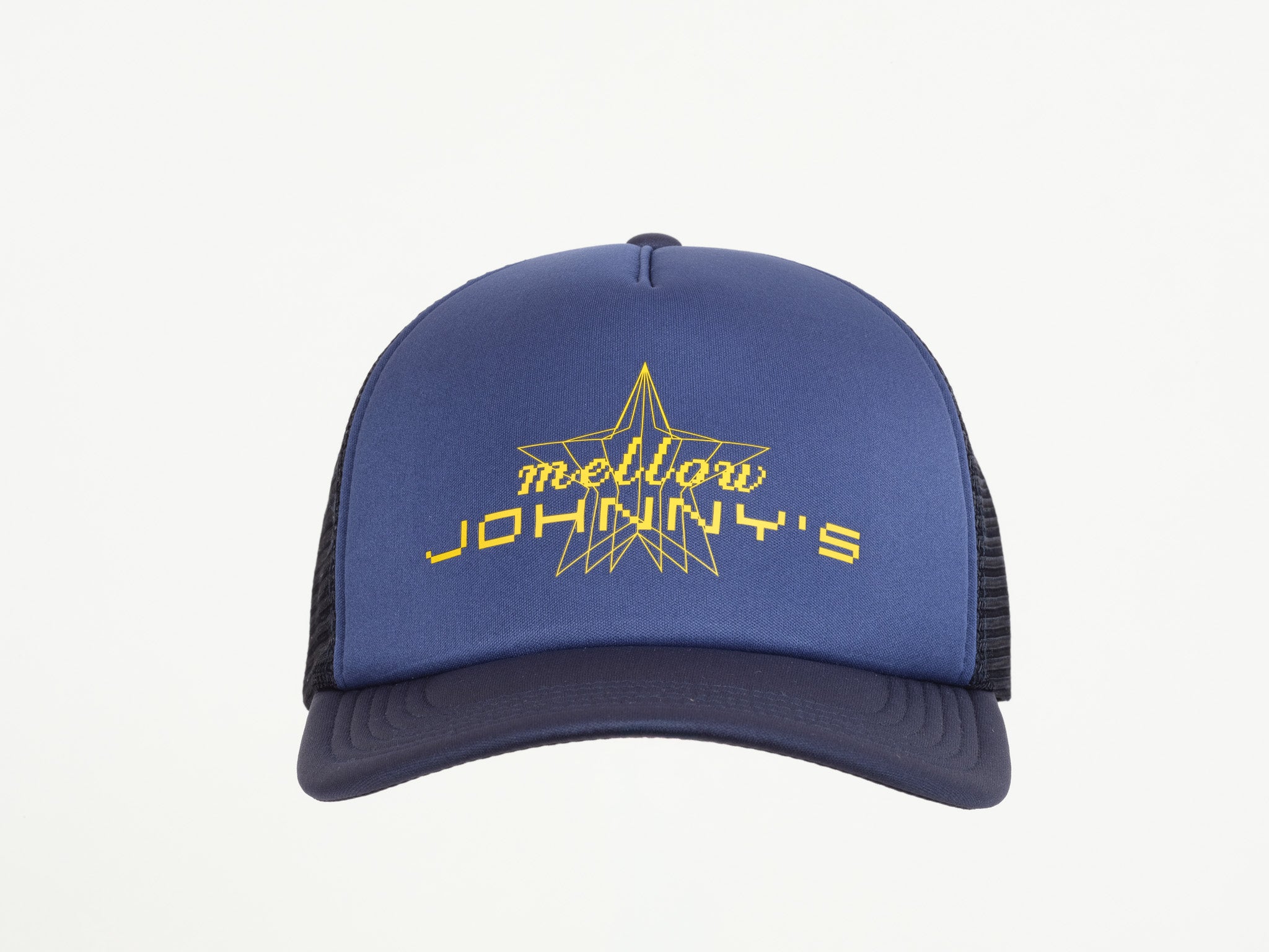 Blue cap with yellow text and logo on a white background