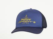 Blue cap with yellow text on a white background