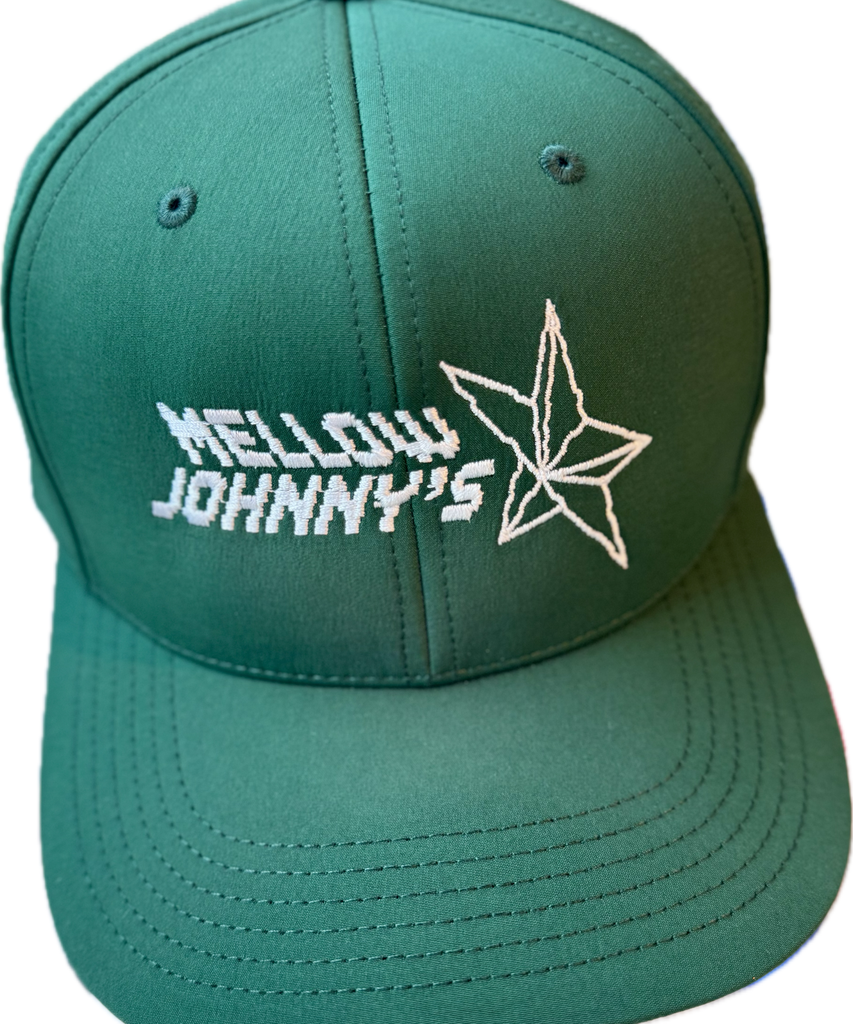 Green cap with 'Mellow Johnny's' logo on a white background