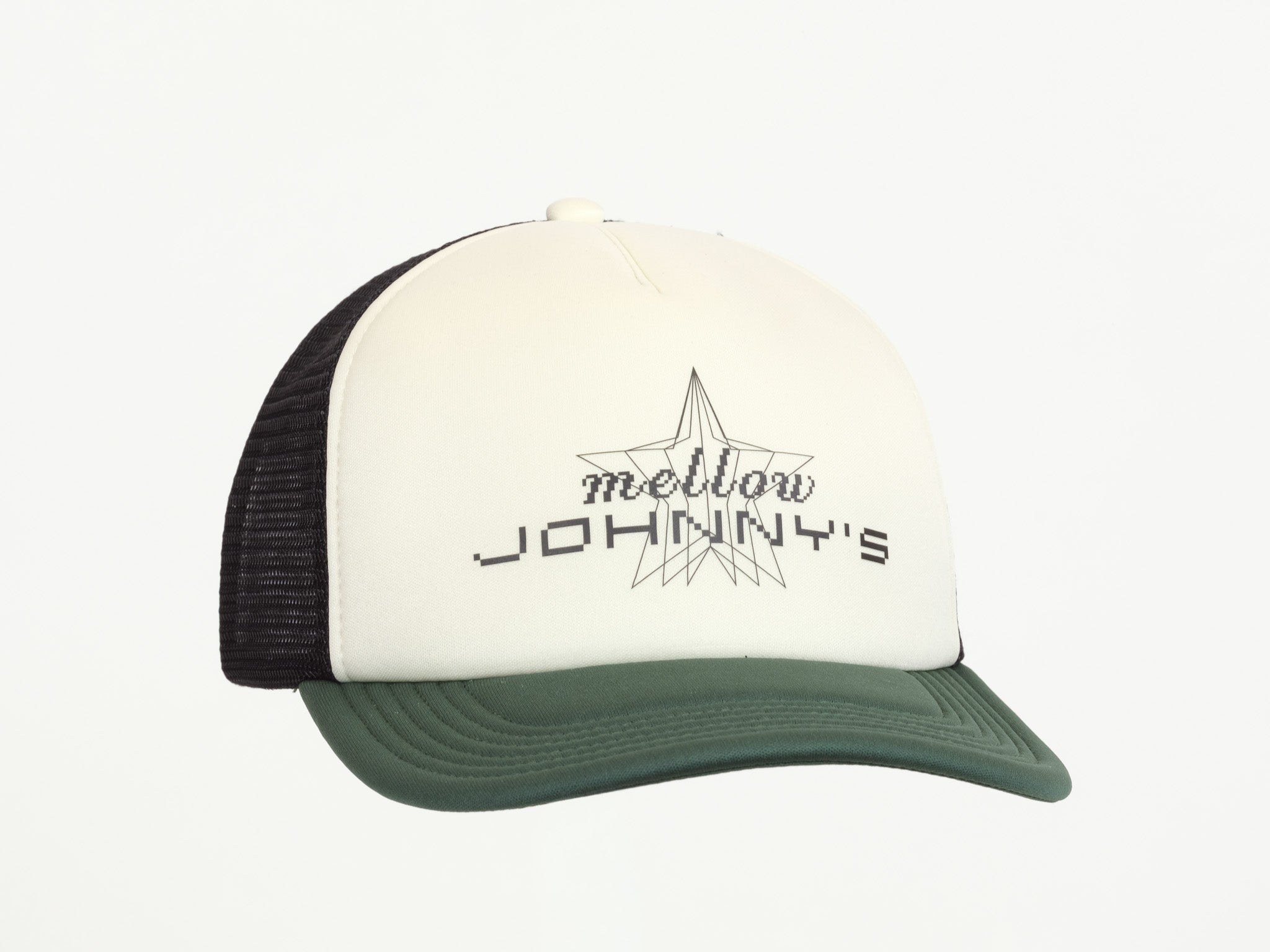 Trucker hat with 'mellow johnny's' logo on a white background