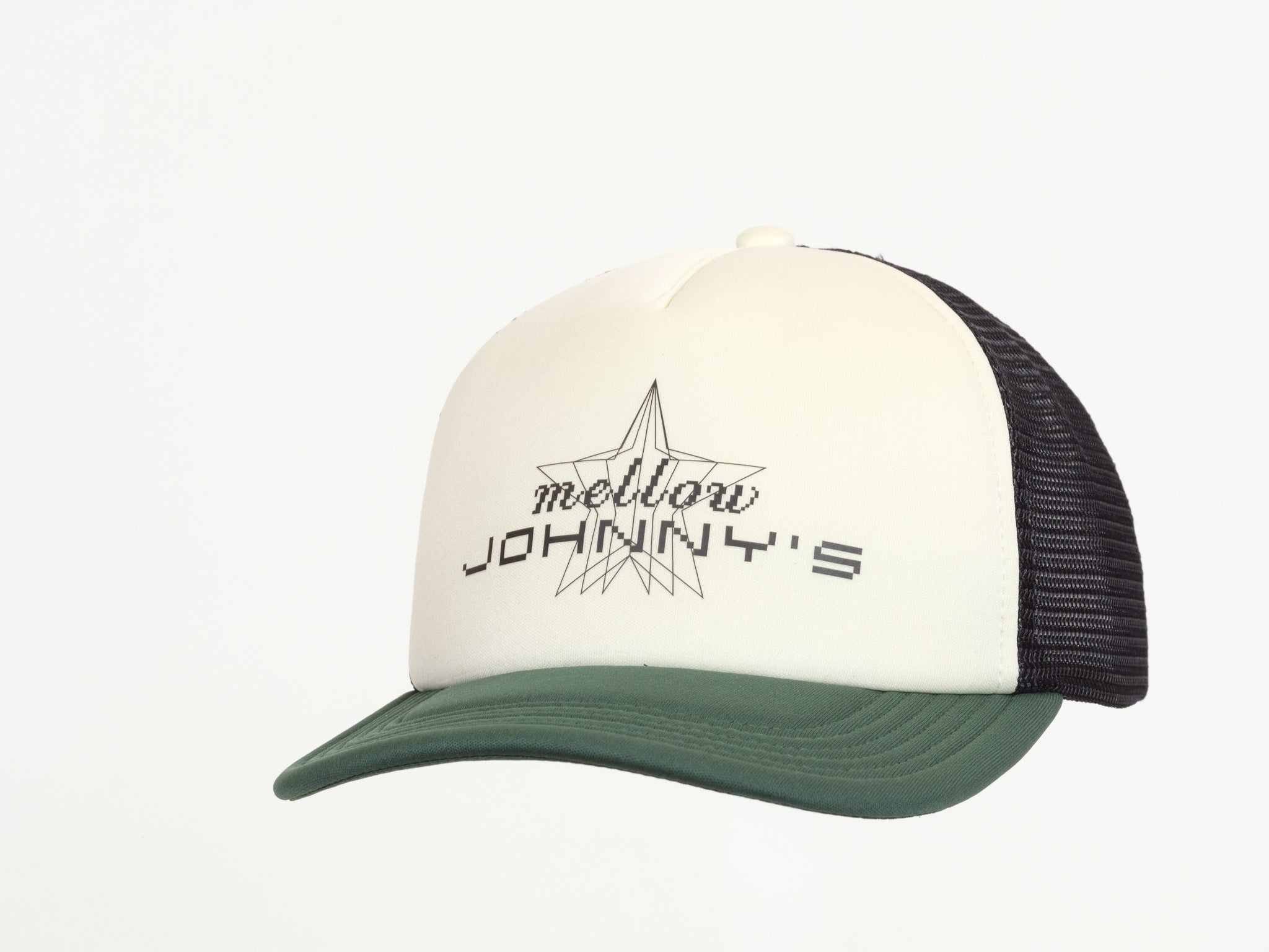 Trucker hat with 'mellow Johnny's' logo on a white background