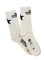 A pair of white crew socks laid flat on a white background. The socks feature black printed text Mellow Johnny's Bike Shop